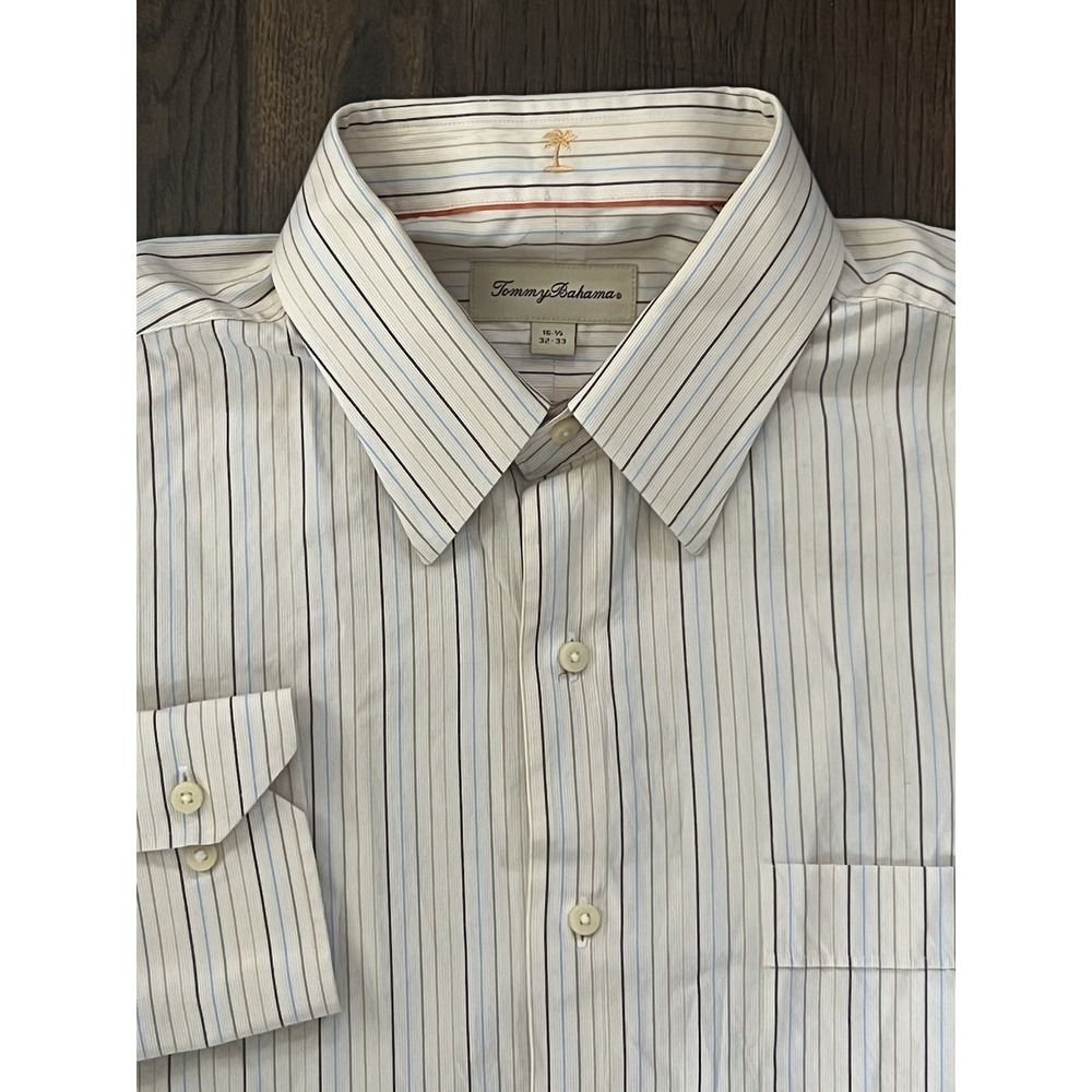 Tommy Bahama Mens L 16.5 32/33 Ivory Brown Striped Long Sleeve Button Up Shirt